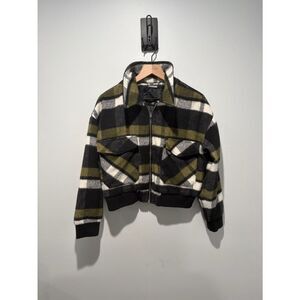 Jou Jou Plaid Zip-Front Women's Bomber Style Jacket - Black & Olive M